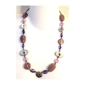 Beaded Purple 23" Necklace Natural Stones Glass Metal Rings Boho Coastal Beach